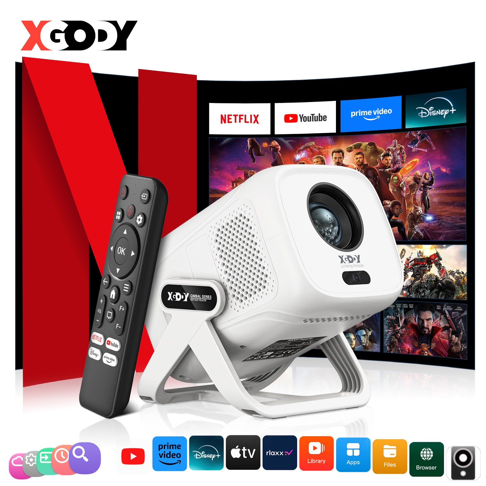 XGODY Gimbal N5 Whale OS FHD Projector MIini Projector Android TV WIFI BT5 HDMI