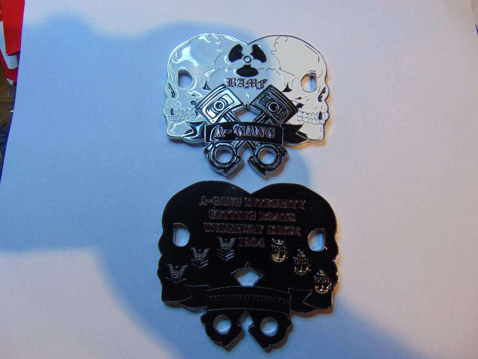 CHALLENGE COIN A-GANG BAMF SKULLS INTEGRITY GETTING BOATS UNDERWAY SINCE 1904 US