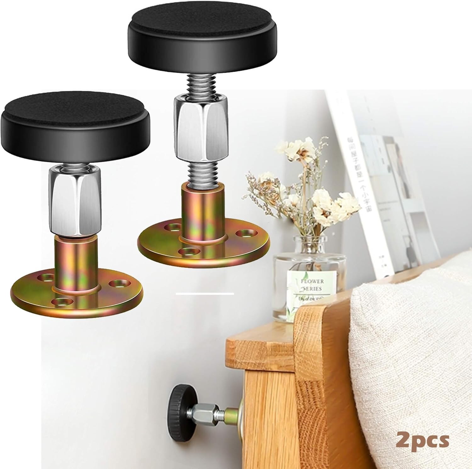 Easy Install Adjustable Bed Frame Anti-Shake Stoppers, Wall Protection 30-64mm