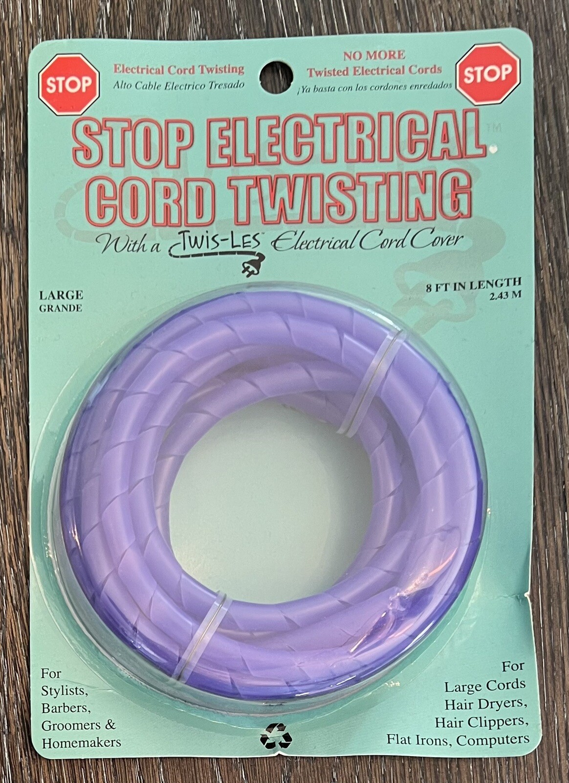 Twis-Les Electrical Cord Cover & Detangler - Length 8 Feet PURPLE New Sealed