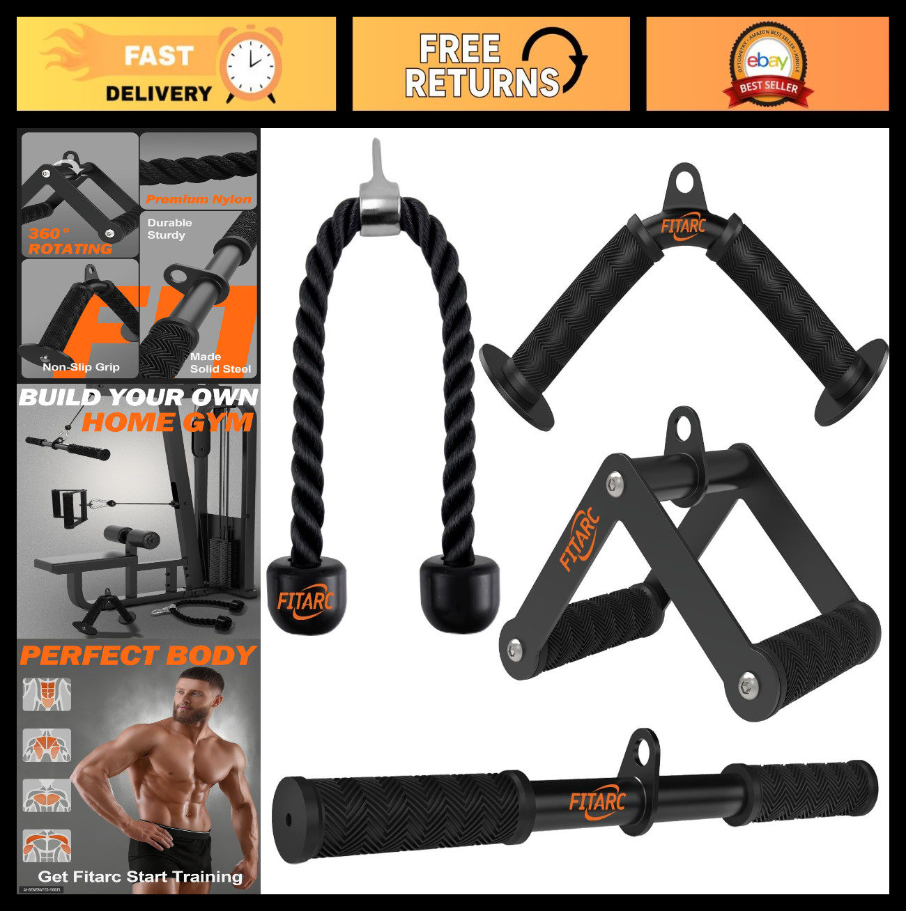 Cable Machine Attachment Set - LAT Pulldown & Workout Accessories, Non-Slip Grip
