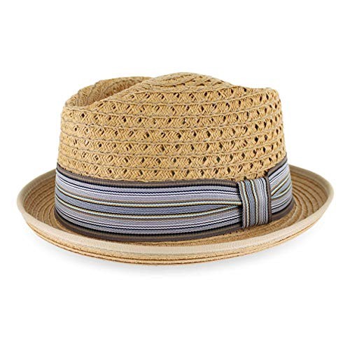 Belfry Men Women Summer Straw Porkpie Vented Trilby Fedora Hat in Large Natural