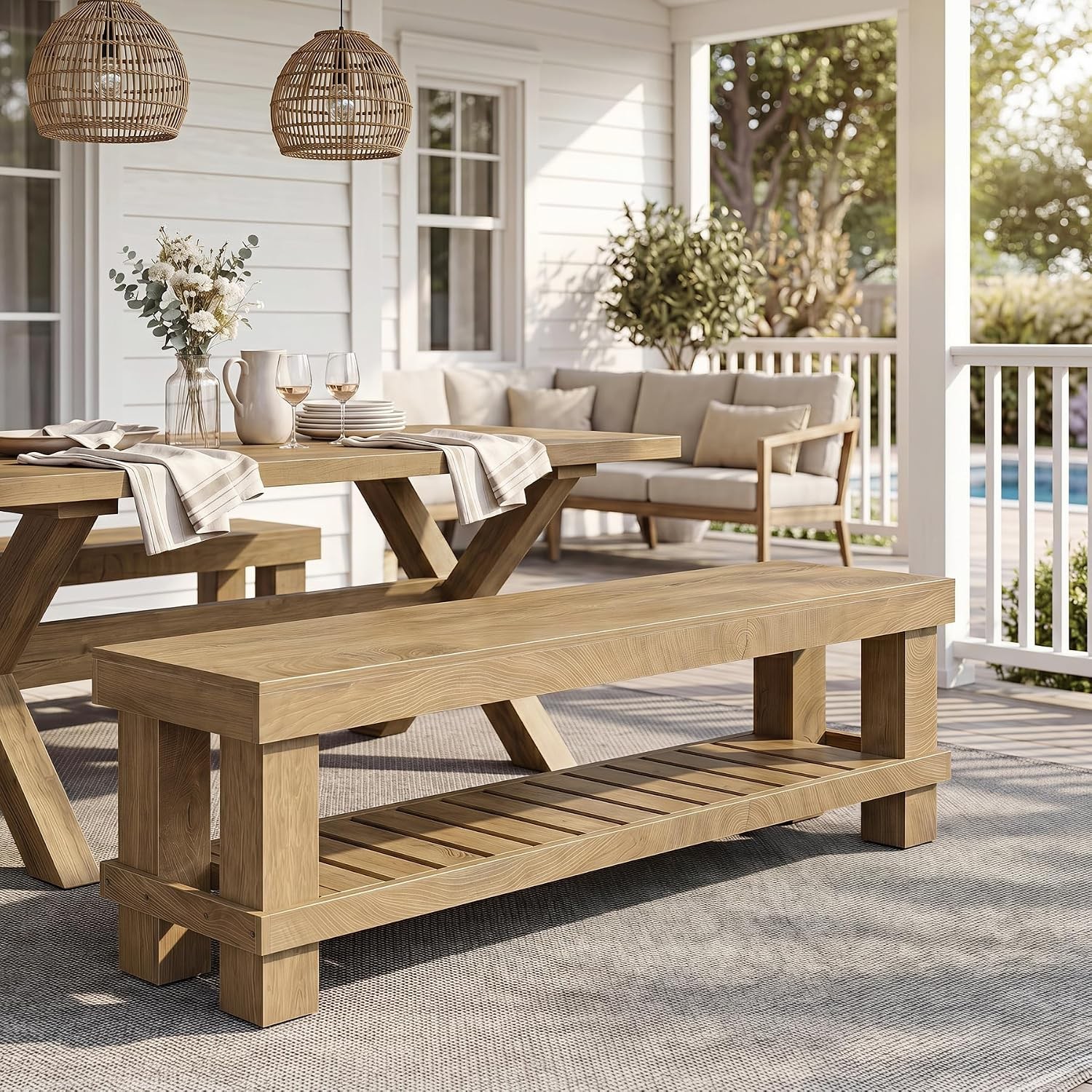 63-Inch Farmhouse Wooden Dining Bench Seat with Storage Shelf for Dining Room