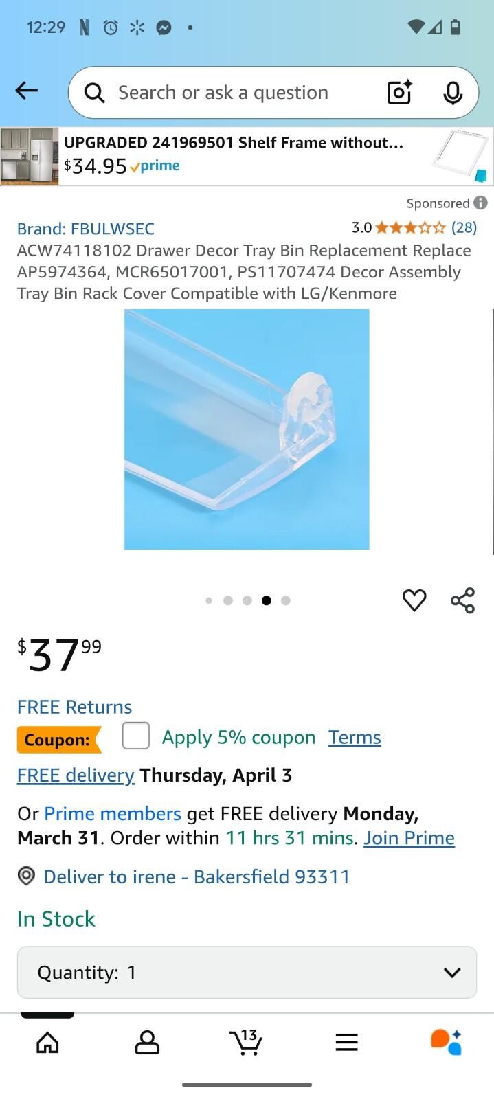 ACW74118102 Drawer Decor Tray Bin Replacement Replace AP5974364,