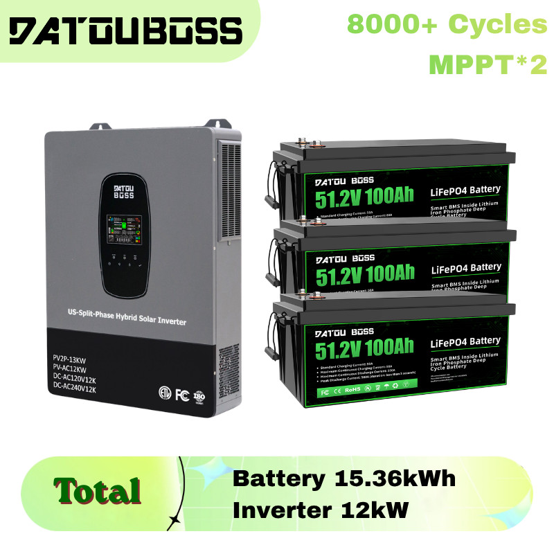 48V 100Ah 15.36kWh LiFePO4 Battery +12kW Hybrid Solar Inverter Split Phase 2MPPT
