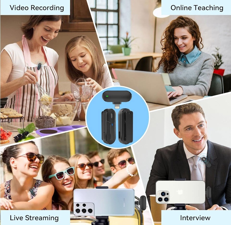 2PK Wireless Lavalier Microphone, Clip for iPhone w/600mAh Charging Case