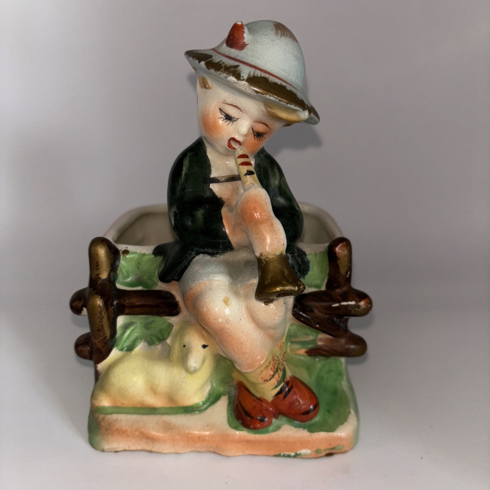 Vintage Little Boy Musician Porcelain Japan Planter 5.5”