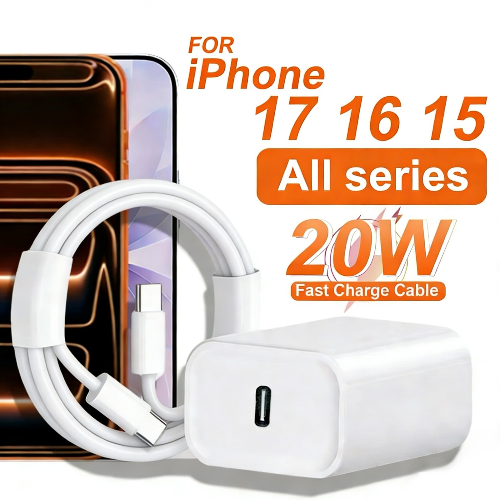 For iPhone 15/16/17 Air/Pro Max/Plus 20W USB-C Fast Charger Type C Charging Cord