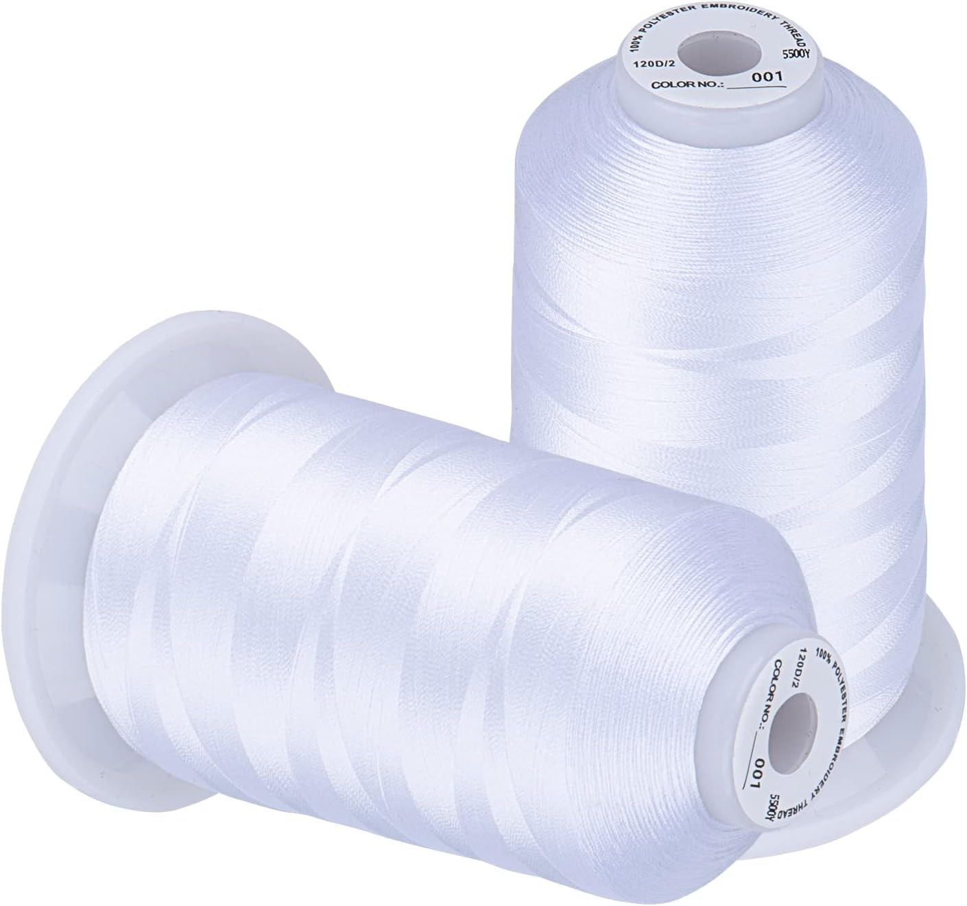 Simthread Embroidery Thread 5500 Yards White 001, 2 Huge Spools 40Wt Polyester