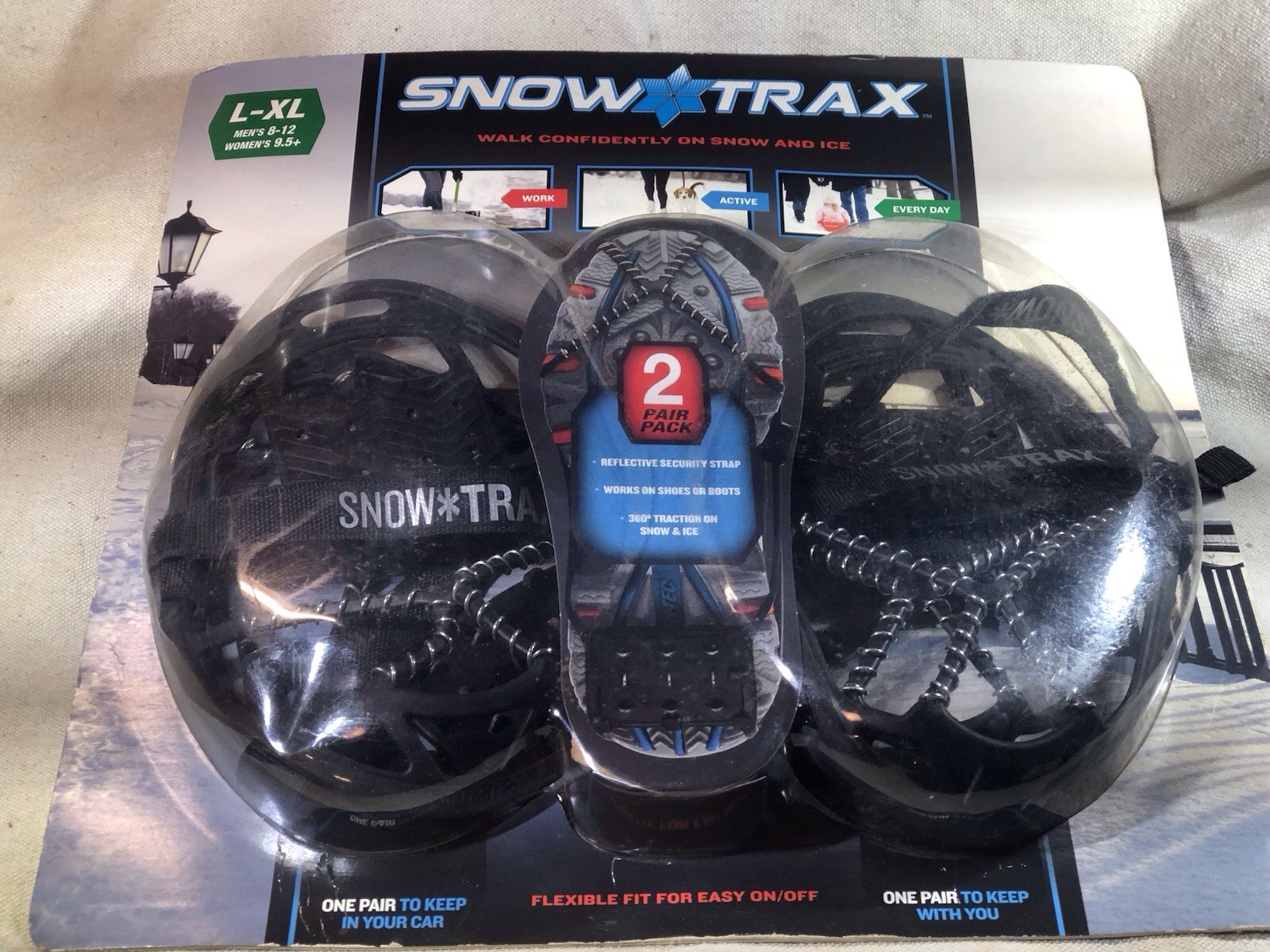 SNOW TRAX MENS LARGE-XL SNOW AND ICE TRACTION 2 PAIRS NEW IN PACKAGE