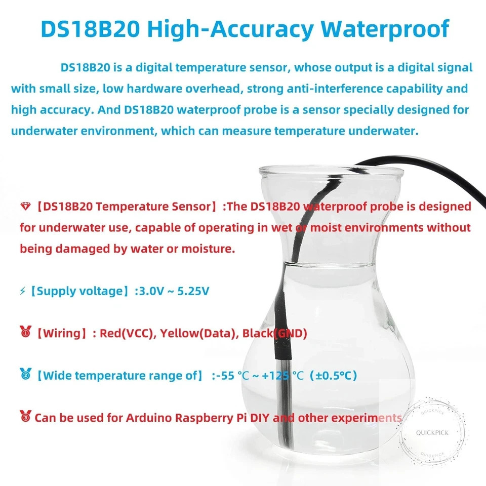 5 Pcs DS18B20 Temperature Sensor Probe High-Accuracy Waterproof Equipped
