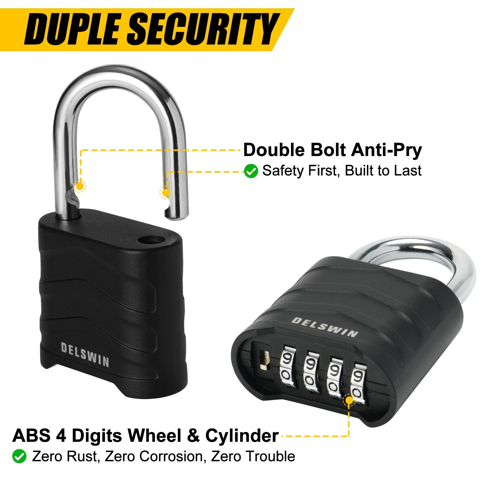 DELSWIN 3 Pack Large Combination Padlock - 4 Digit Resettable Combo Lock with Ha