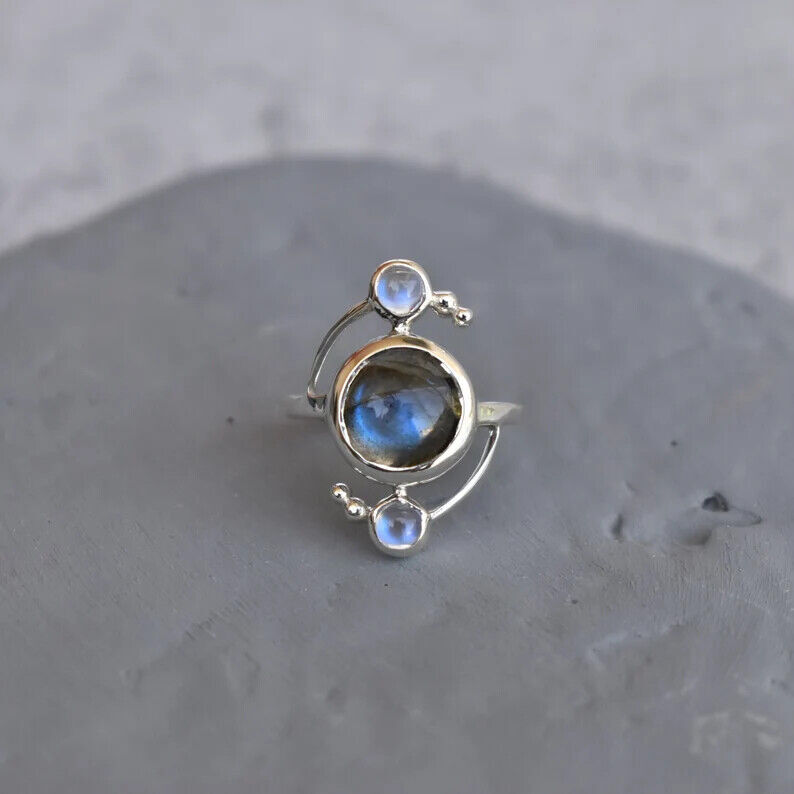 Moonstone & Labrador Ring Solid 925 Silver Handmade Women Ring All Size SR273