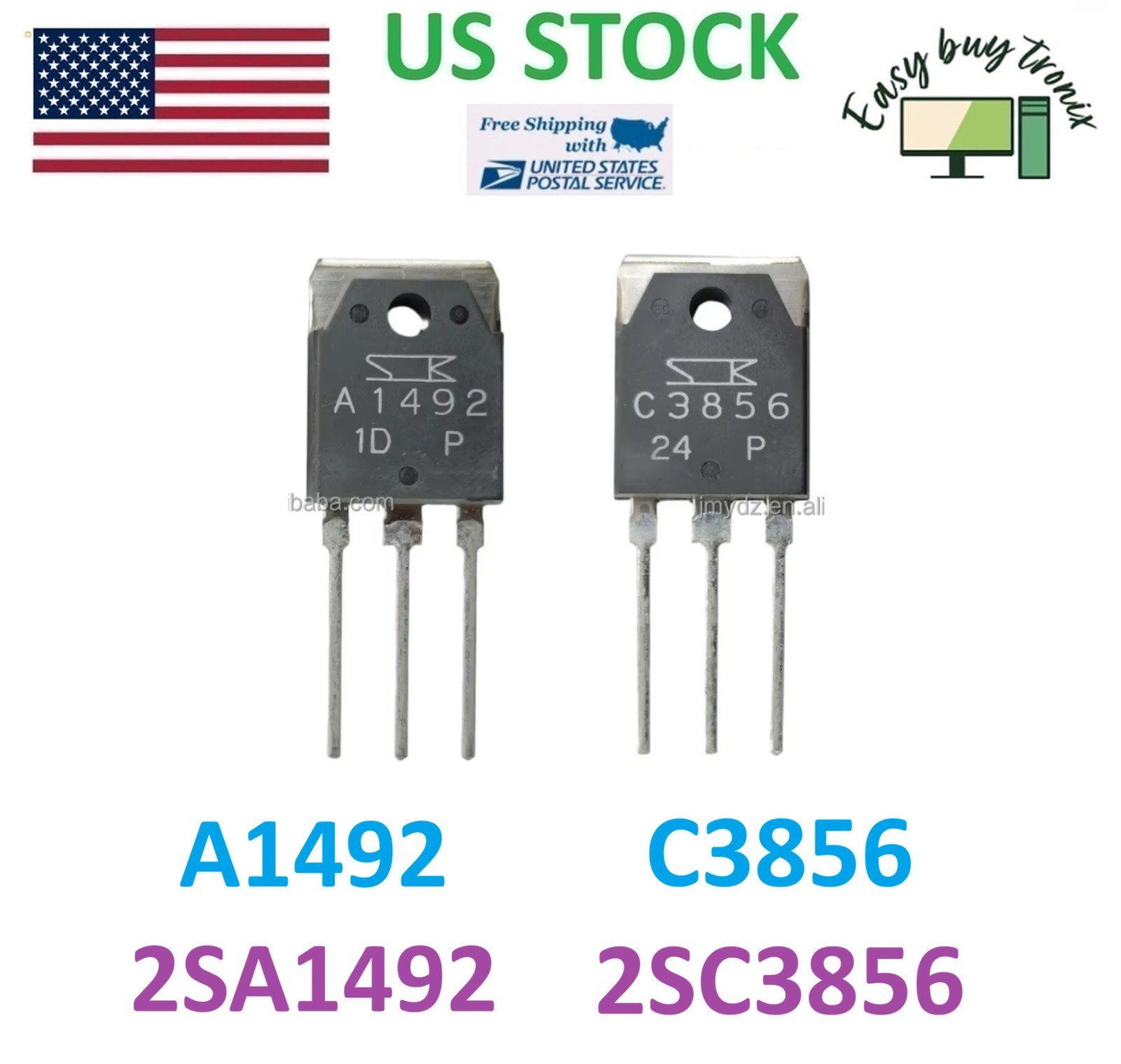NEW! 2SA1492 + 2SC3856 Transistors Pair A1492/C3856 NPN+PNP TO-3P 4A 180V USA