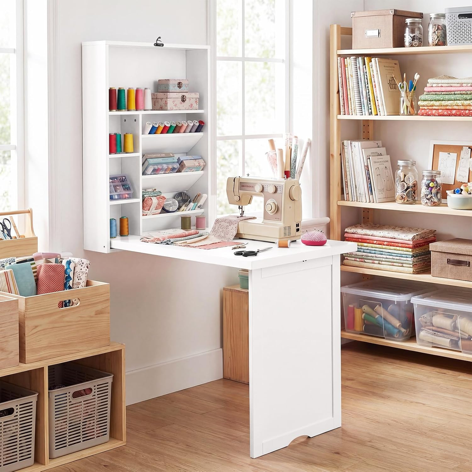 Folding Wall Mounted Desk, Convertible Fold Out Floating Table with Storage Shel