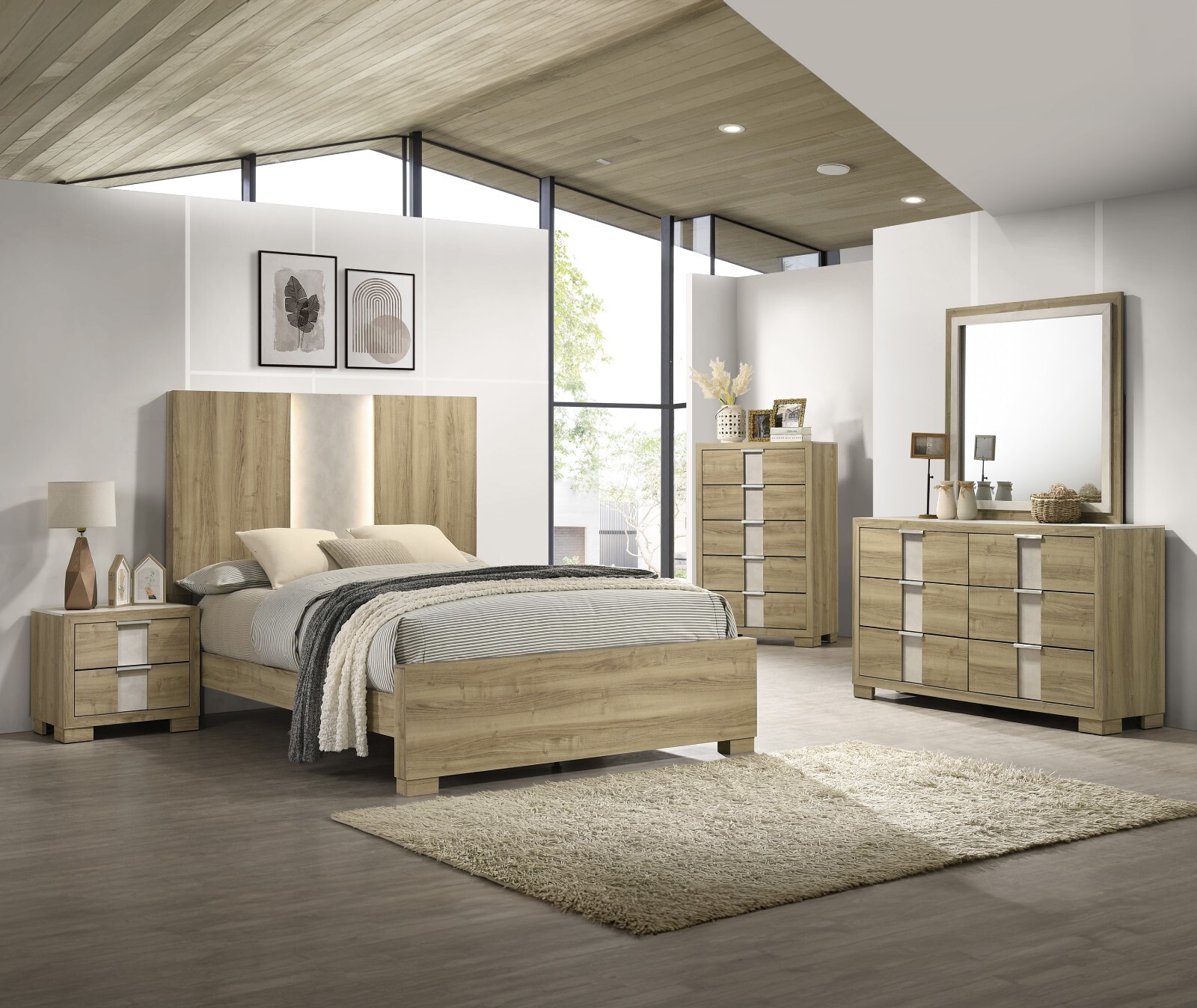 6Pc Contemporary Driftwood Finish Queen Integrated LED Light Panel Bed Set