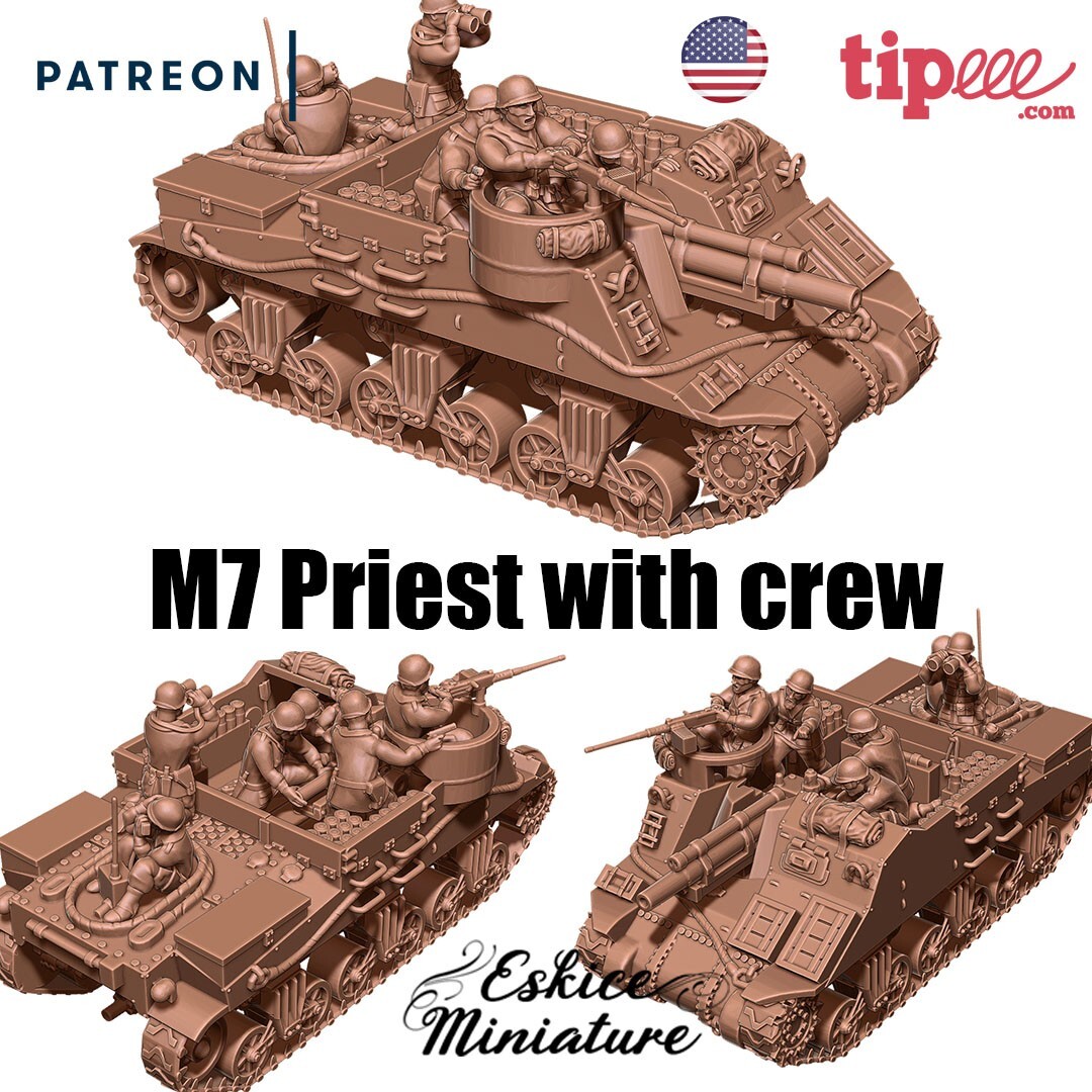 Eskice Miniature WW2 US M7 Priest Howitzer Mobile Artillery Bolt Action 3D 28mm+
