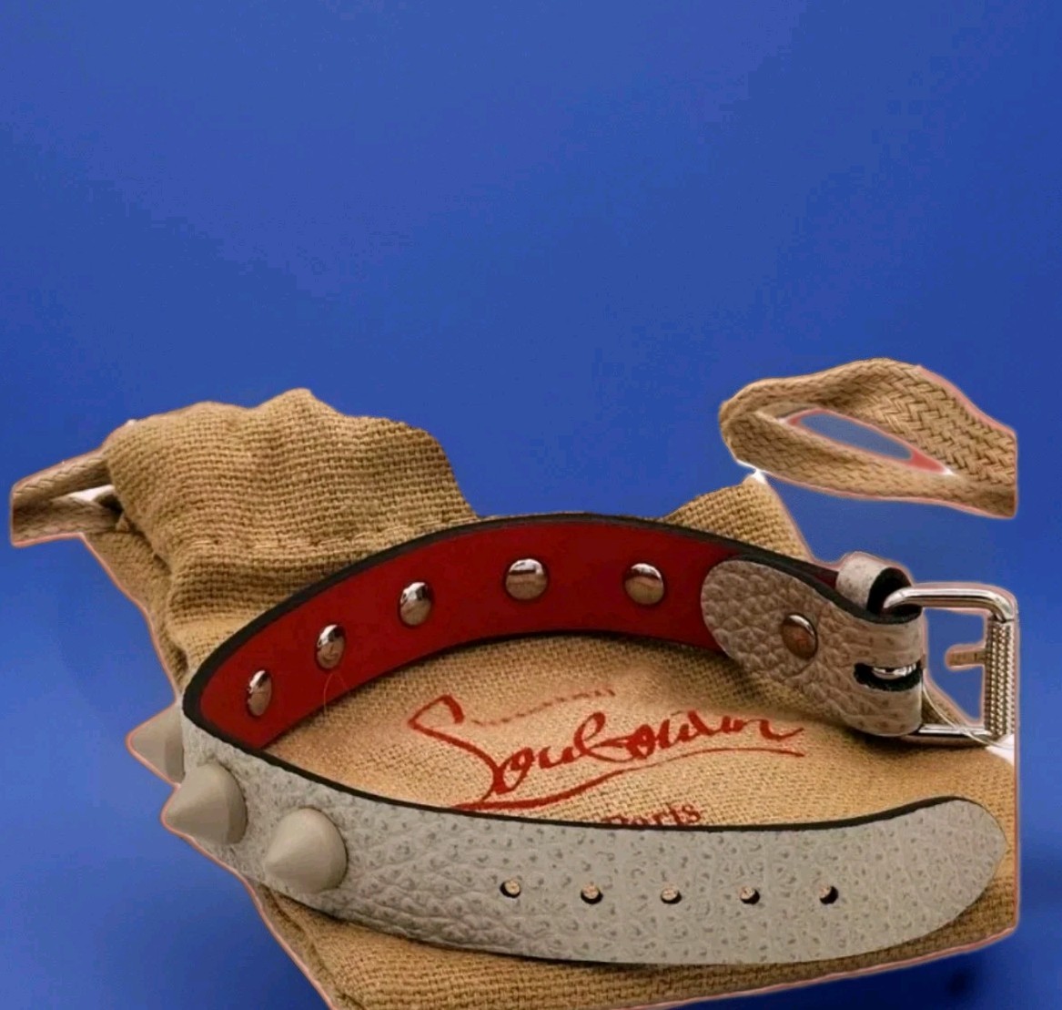 Christian Louboutin Bracelet Loubilink Spikes Beige Red Calfskin Leather New