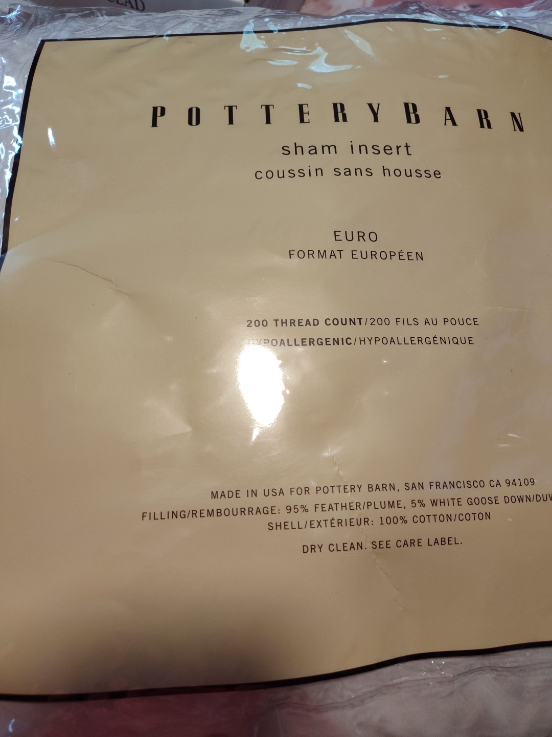 POTTERY BARN SHAM INSERT EURO 200 THREAD COUNT