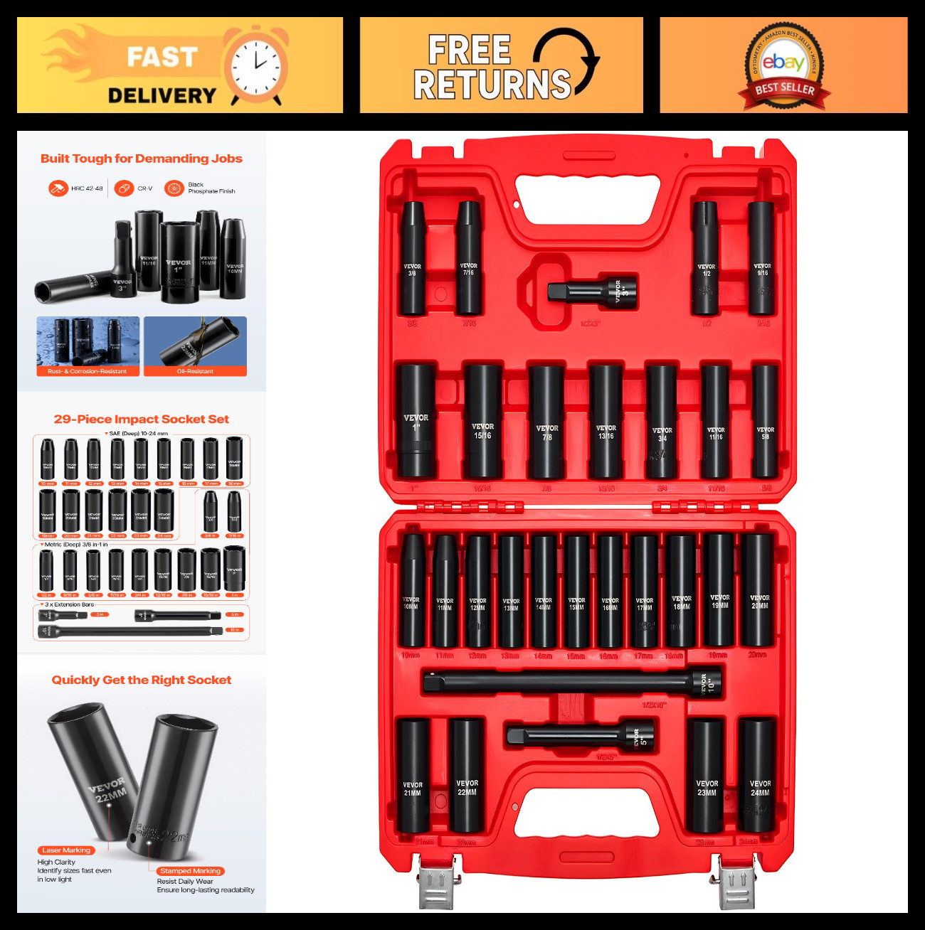 29-Piece 1/2" Drive Impact Socket Set, Deep SAE & Metric Sockets, CR-V Steel, Ex