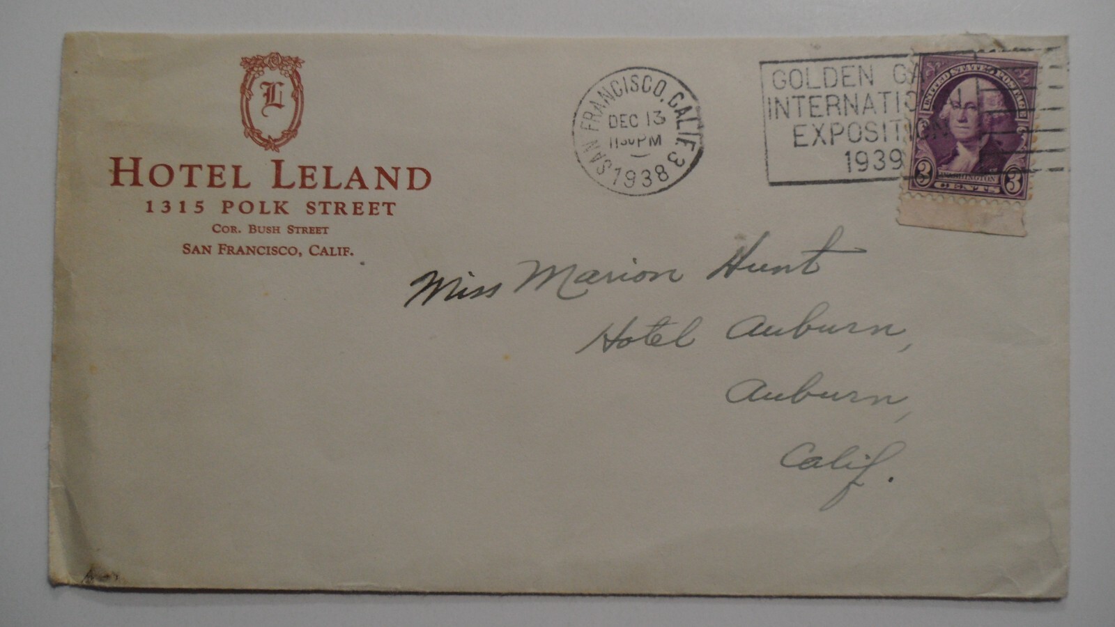 STAMPMART : USA 1938 FRANCISCO CA HOTEL & GOLDEN GATE EXPOSITION SLOGAN COVER