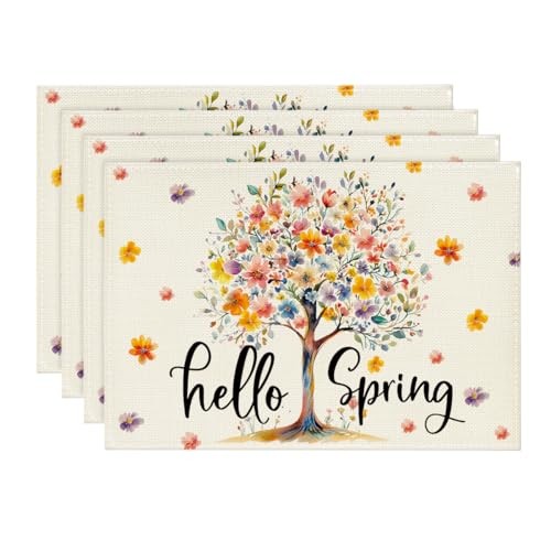 Floral Tree Leaves Hello Spring Placemats Set of 4, 12x18 Inch Seasonal
