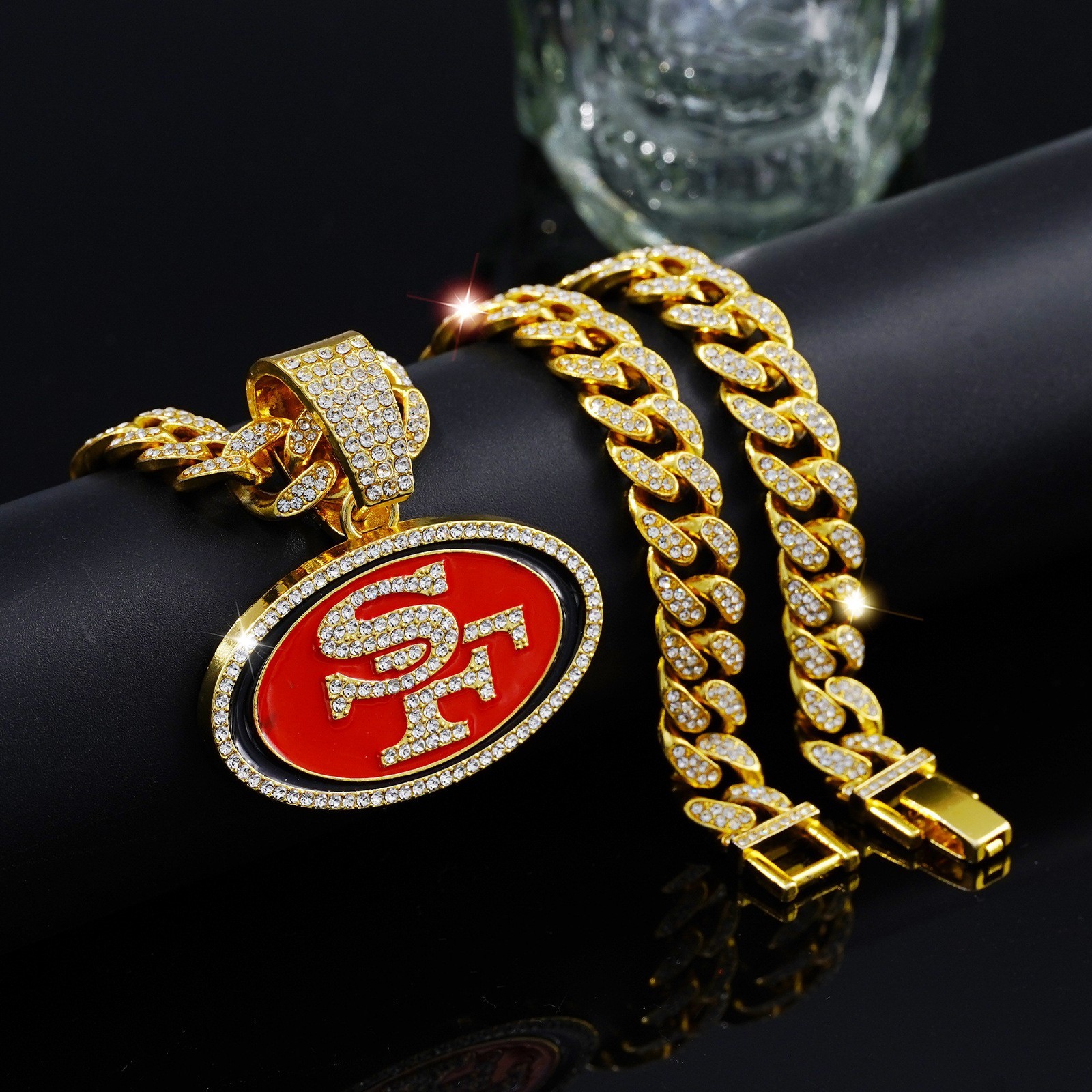 49ers Gem Chain Pendent Gold & Silver Iced Out Fan Necklace Mens Womens -20"