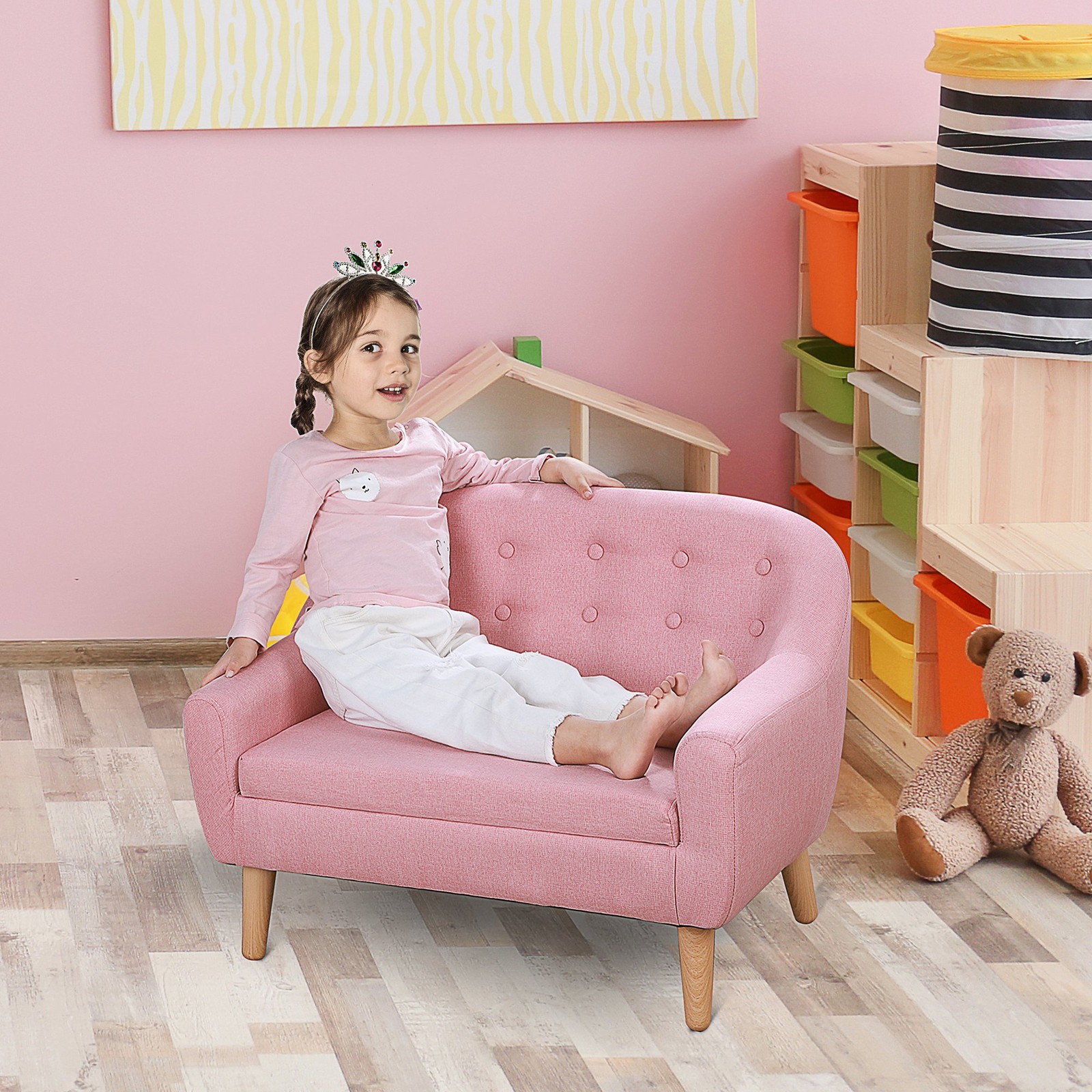 2-Seat Kids Sofa Chair Upholstered Couch Linen Fabric for Toddlers Ages 3-6 Year