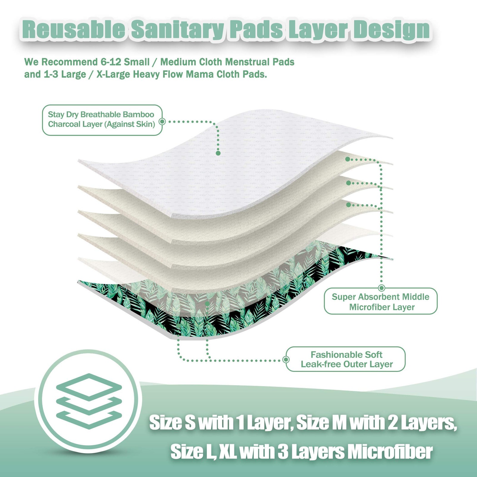 Reusable Menstrual Pads Sanitary Panty Liners Soft Cloth 6 Pack Bag Large Leaf