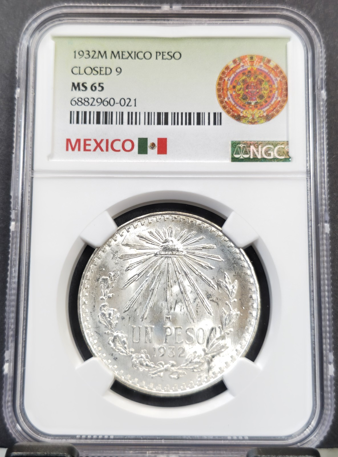 1932 MEXICO SILVER 1 PESO CLOSED 9 NGC MS 65 RARE BEAUTIFUL GEM BU VARIETY
