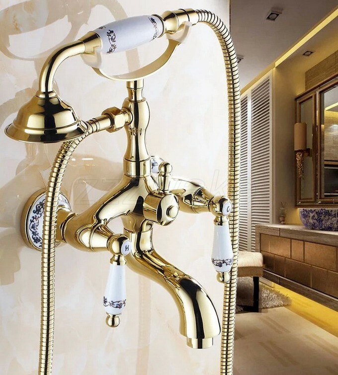 Gold Color Brass Wall Mounted Clawfoot Bath Tub Faucet w/ Handheld Shower Ztf410
