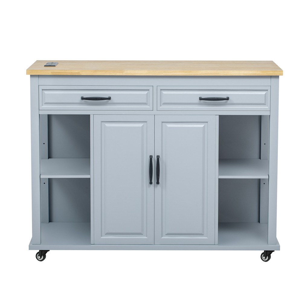47-inch Kitchen Island w/ Extendable Table, Storage, Outlet - Grey Blue