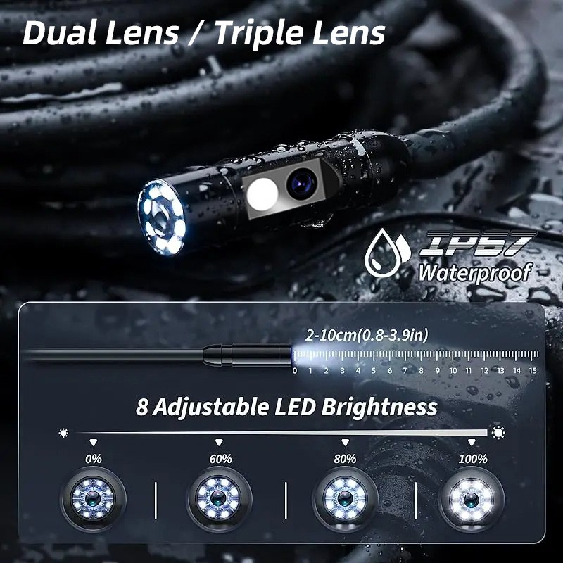 5m IP67 Borescope Dual Lens Built-in LCD Screen Auto Drain Inspection Camera