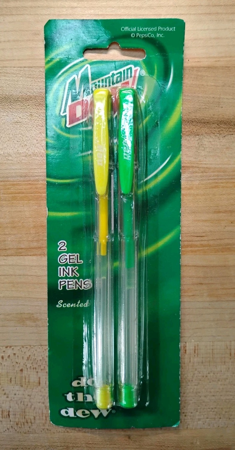 Vintage Mountain Dew Gel Pens Scented Yellow & Green New on Card NOS Mtn Dew