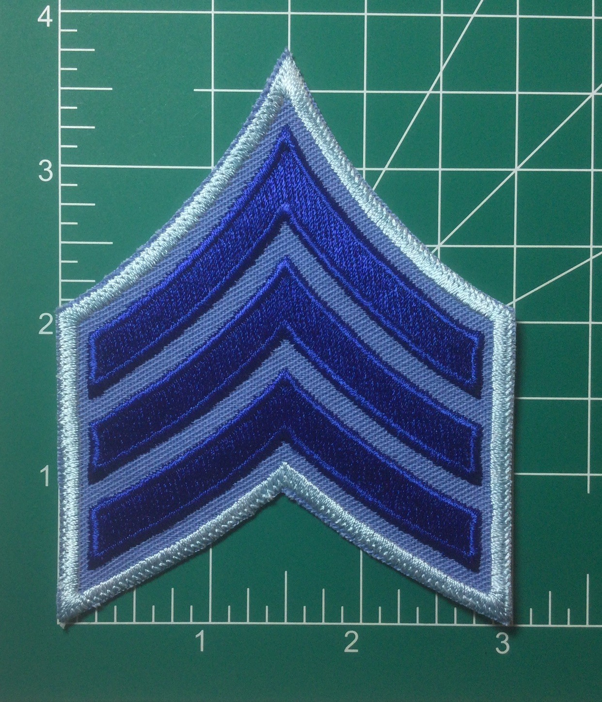 (2) Sergeant Chevron - 3 ROYAL Stripes On BLUE Twill Patch (LIGHT BLUE Border)