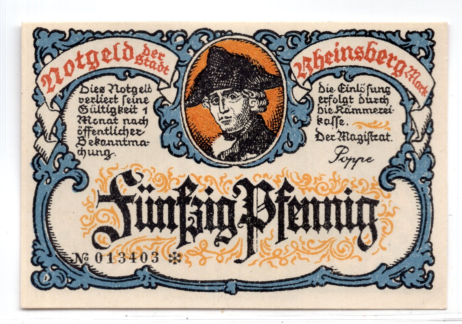 1921 Germany Rheinsberg Notgeld 50 Pfennig Note (NG1155)