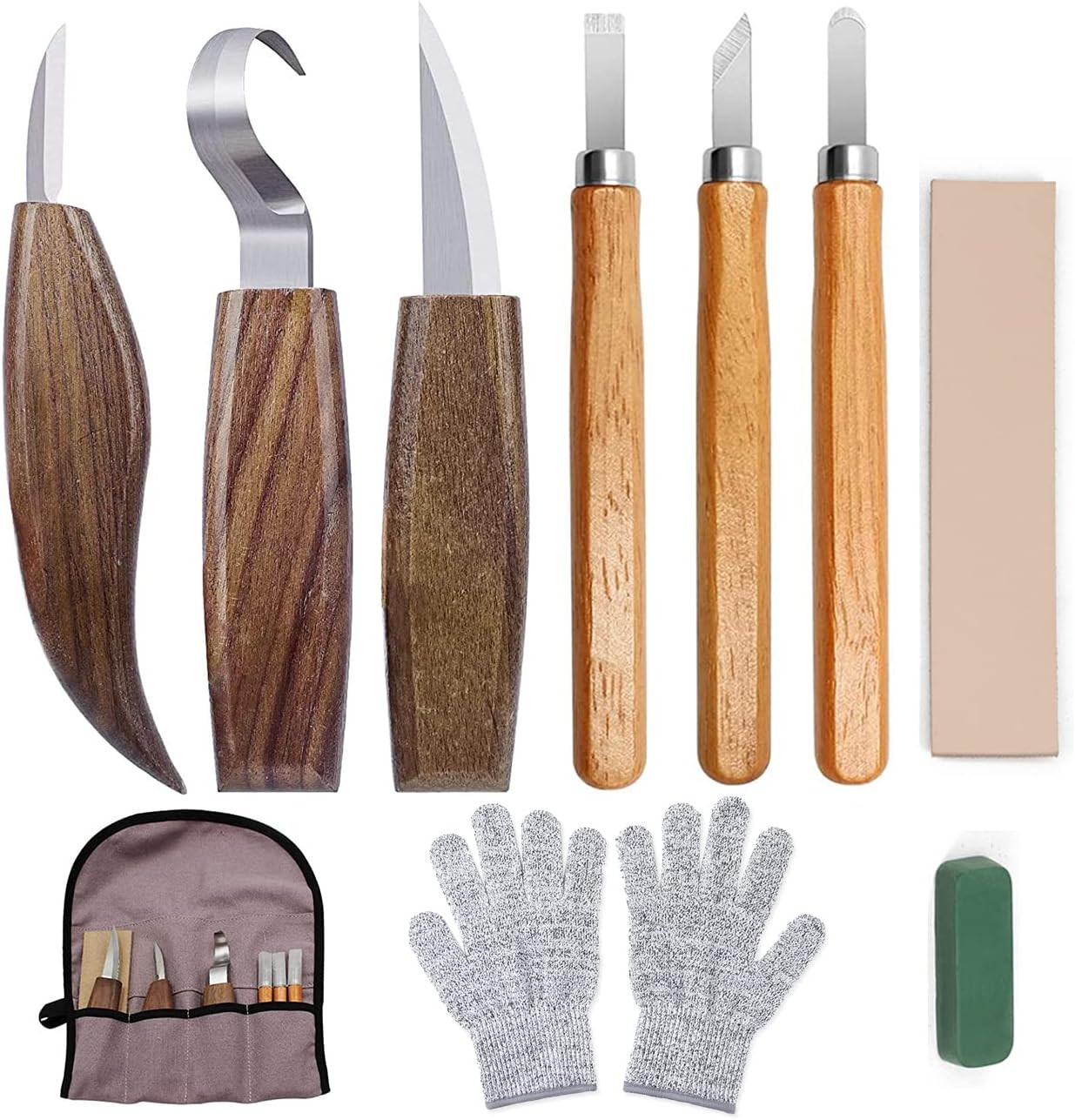 10Pcs Wood Carving Kit, Beginner Set with Resistant Gloves, Spoon & Whittling Kn