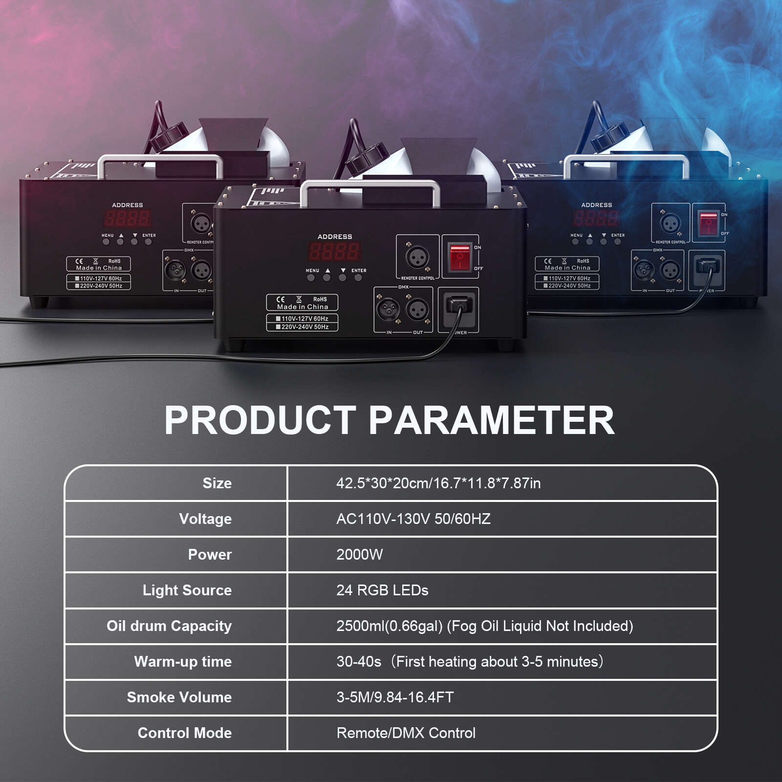 2000W Vertical Smoke Fog Machine DMX DJ Party Spray Fog Stage Light RGB 24LED