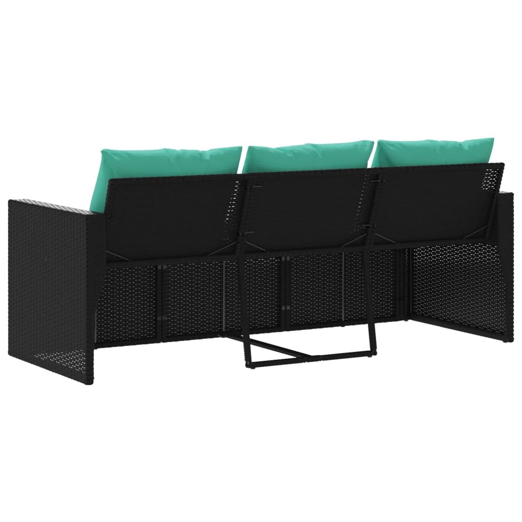 Patio Sofa with Cushions 3-Seater Black Poly Rattan
