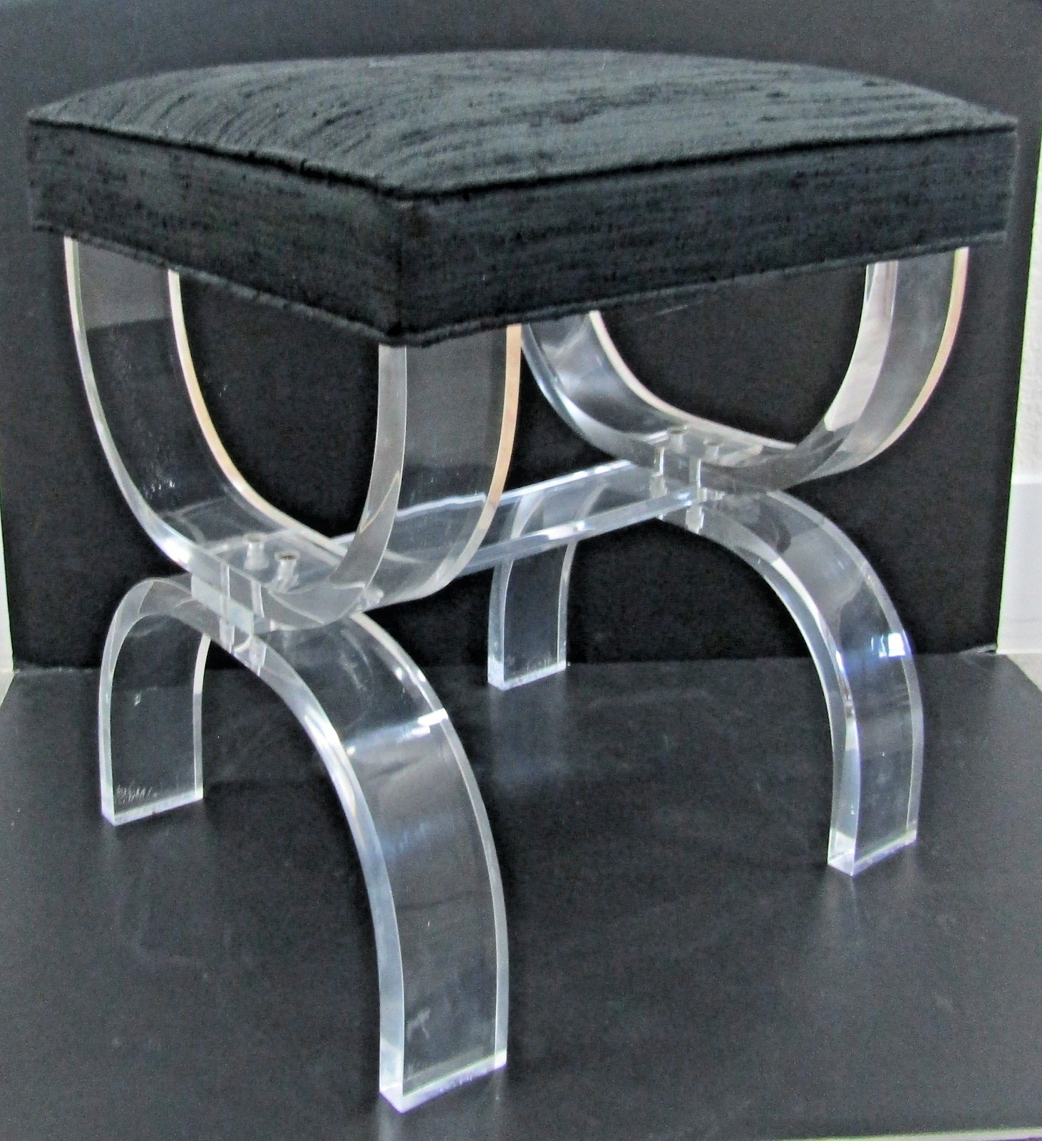 Vintage Lucite and Black Upholstery Thick Curved Legs X-Style Vanity Stool
