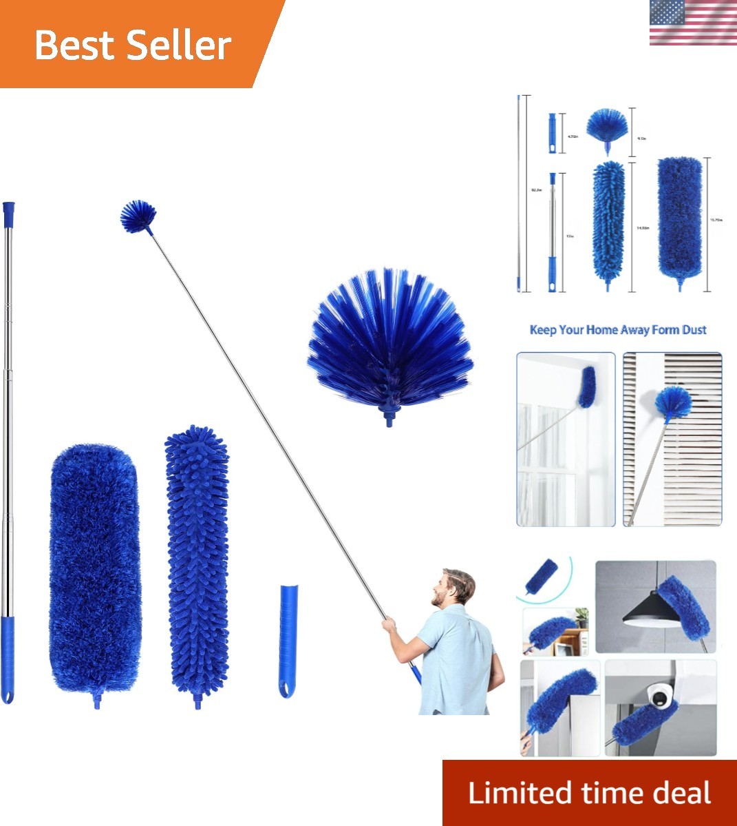 Professional Cleaning Microfiber Duster Set - Telescopic, Washable, 5 Color Blue