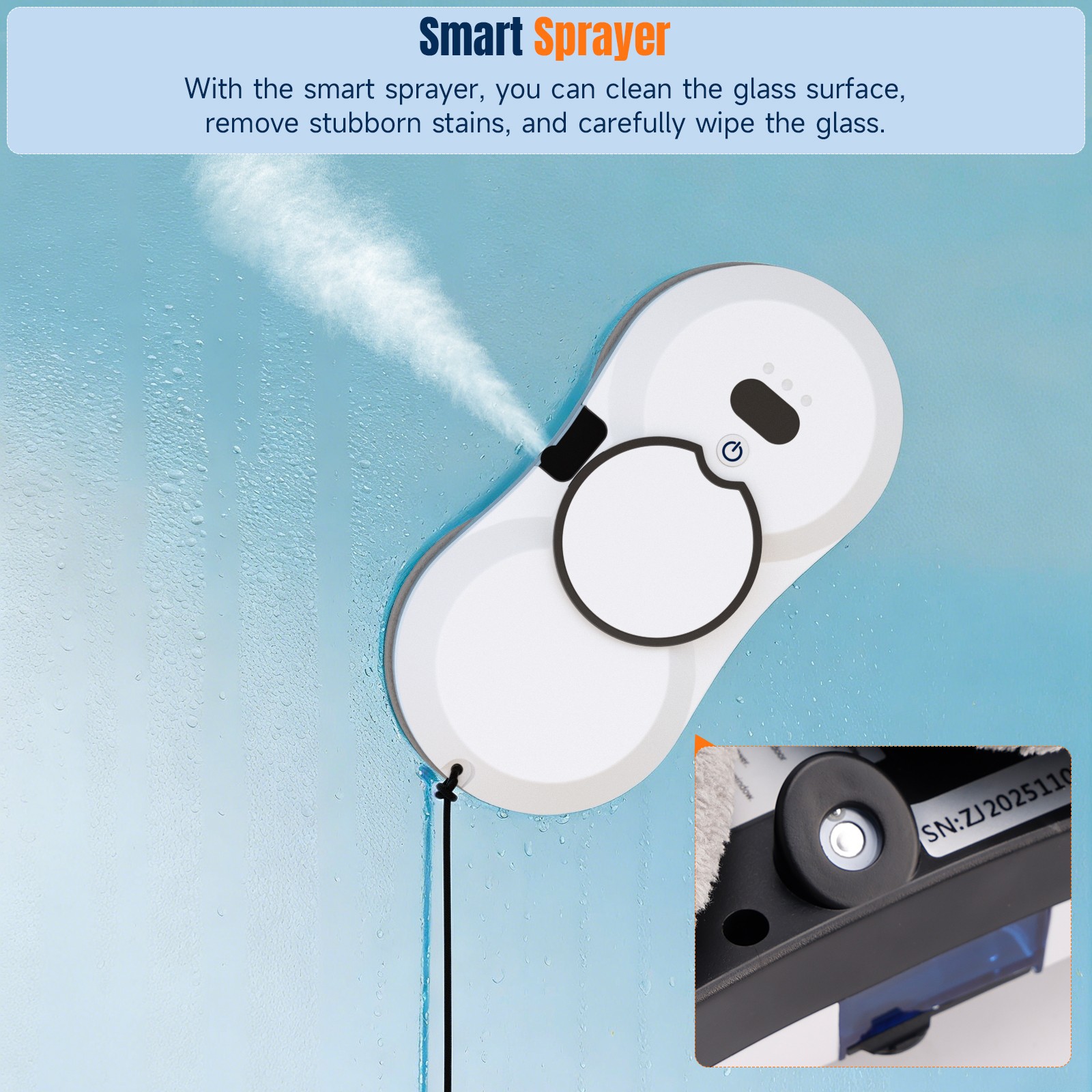 Auto Window Cleaner Robot, AI Path, 5600PA Suction, Single-sided Spray