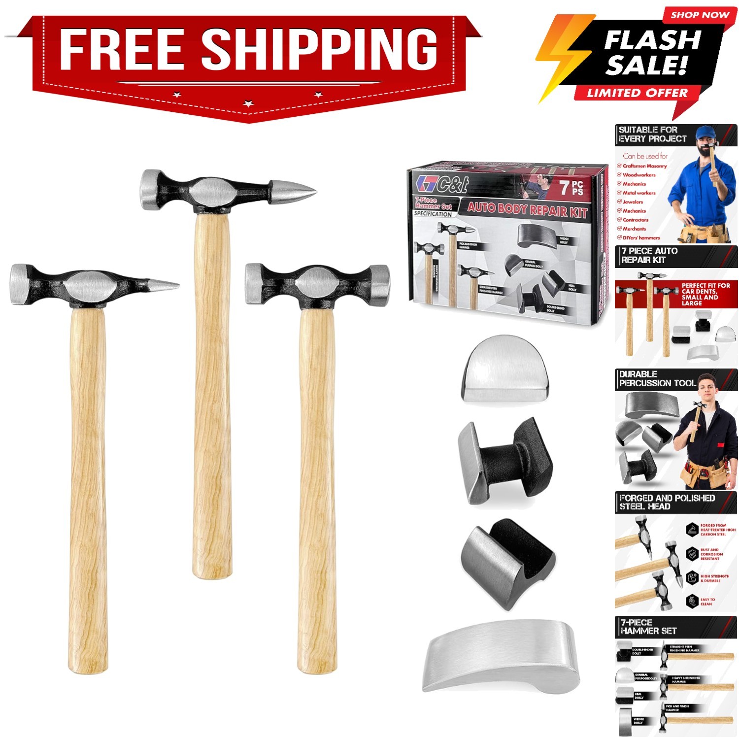 Auto Body Repair Tool Kit,7 Piece,Car Body Repair Tool Kit, Carbon Steel Doll...