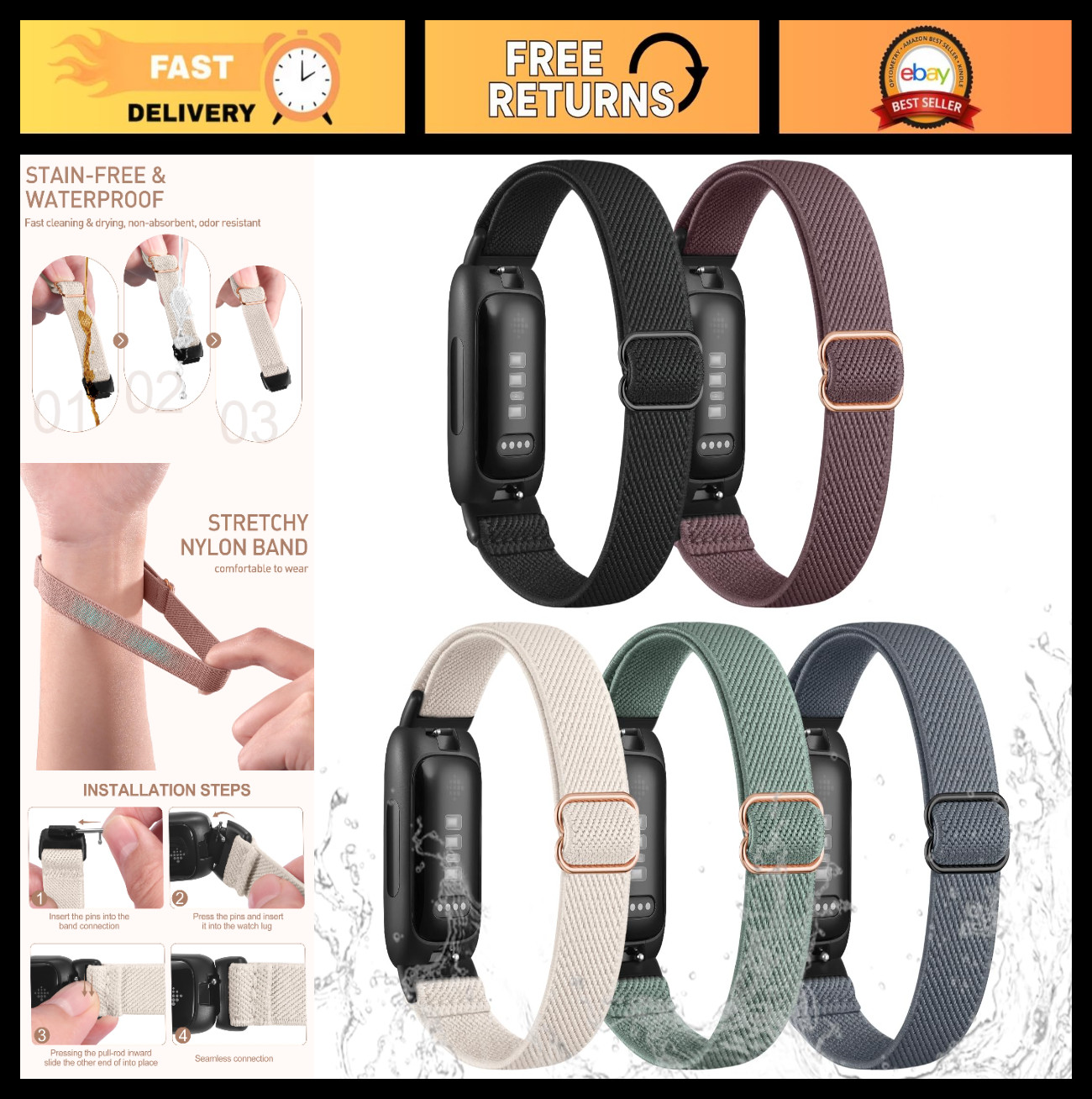 Elastic Bands for Fitbit Inspire 3 & 2, Water-Resistant Stretchy Nylon, 5 Pack