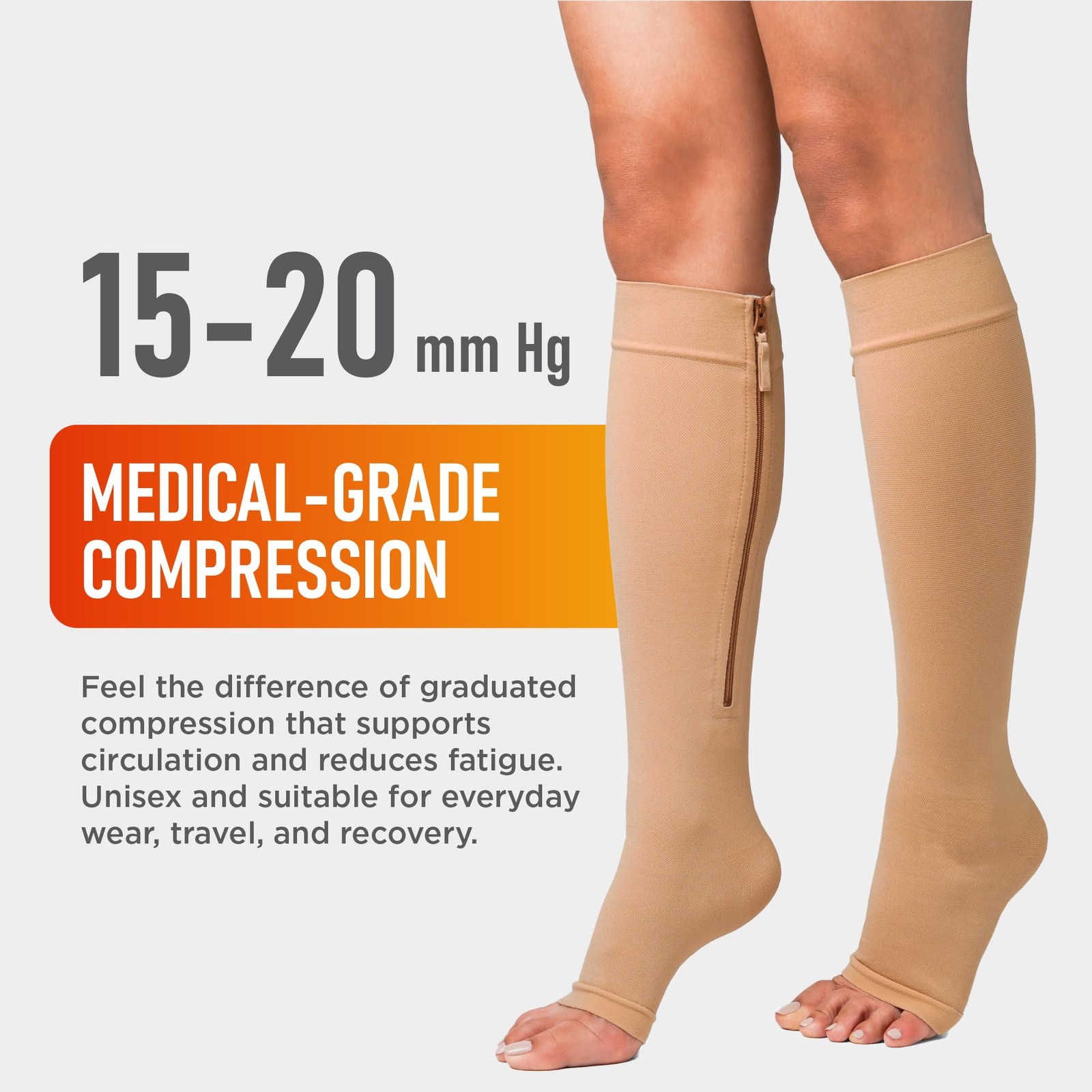3X Large Beige Medical Compression Socks for Men Women Zip Guard Support