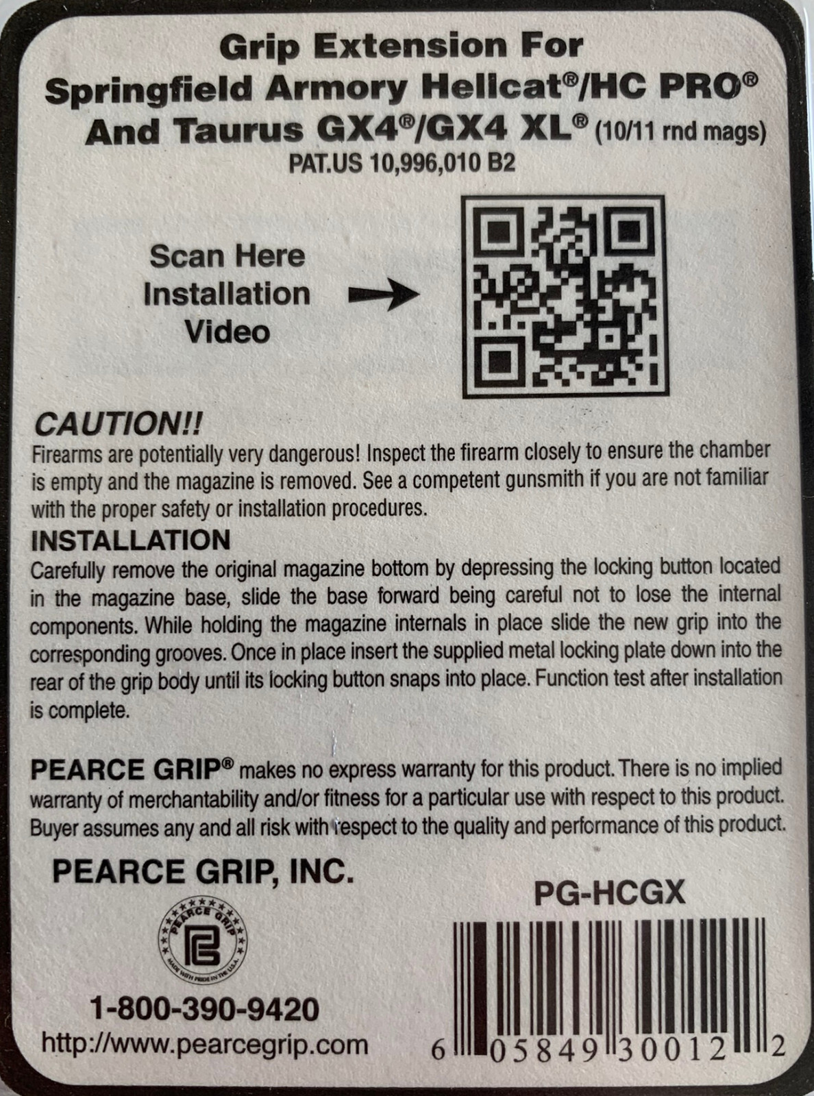 Pearce GRIP EXTENSION - BLACK, HELLCAT/HELLCAT PRO / Taurus GX4 PG-HCGX