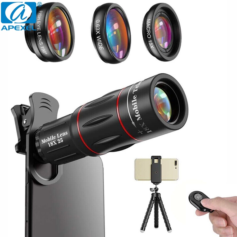 APEXEL 4 in 1 Phone Camera Lens Kit 18x Zoom Telephoto Wide Angle 15x Macro Lens