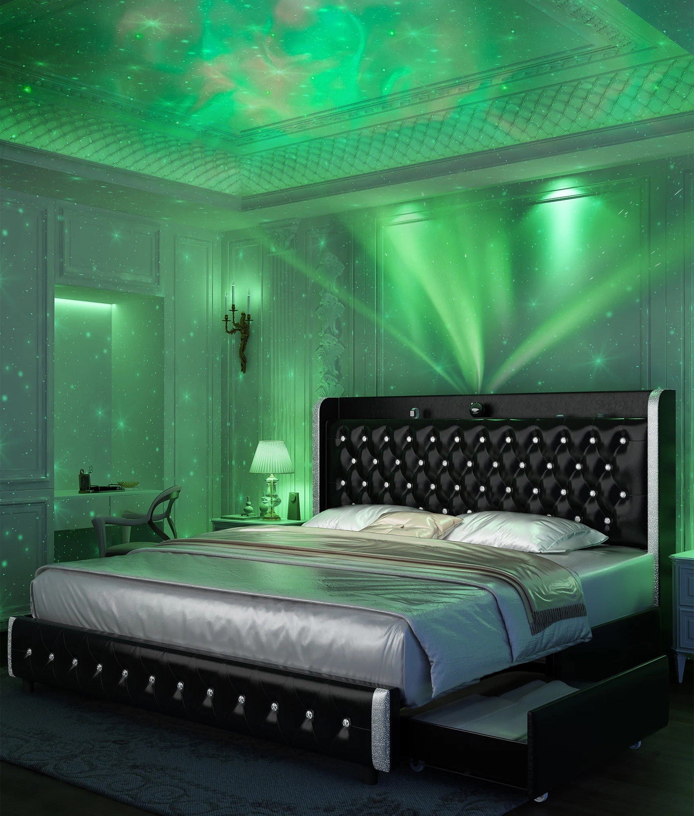 LED Bed Frame with Galaxy Projector, Bluetooth Speaker, USB Ports, 4 Drawers