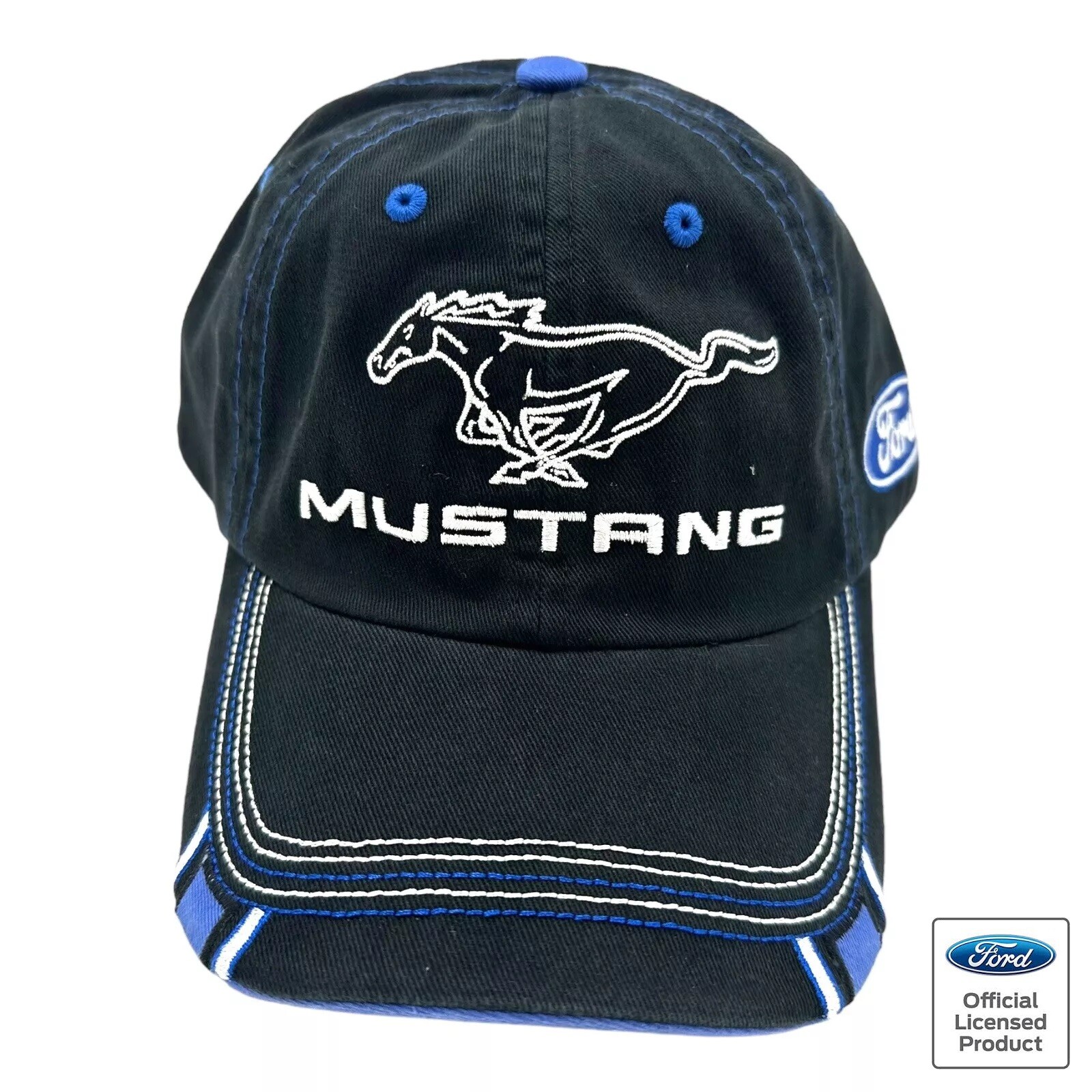 Black Ford Mustang Hat Cap w/ Blue Stripe & Embroidered Logo