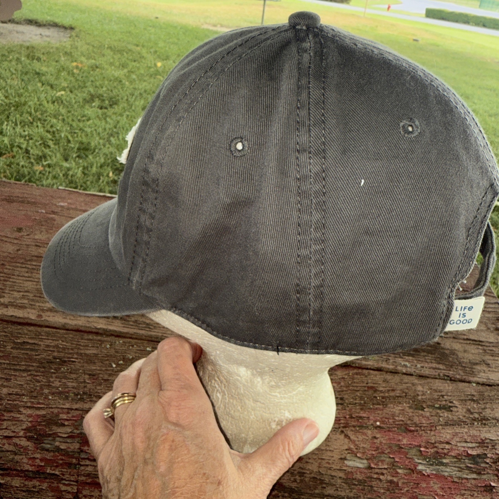 Life is Good Red White Distressed Patch on Gray Hat Cap Cotton Strap Buckle EUC
